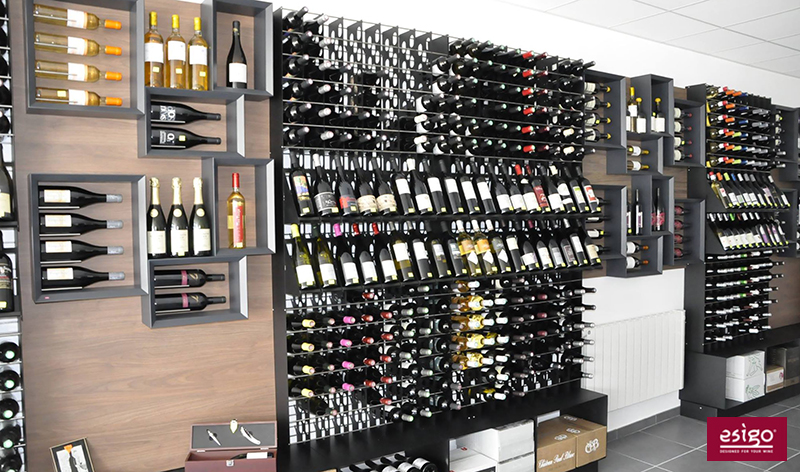 Wine shop furniture with Esigo metal wine racks