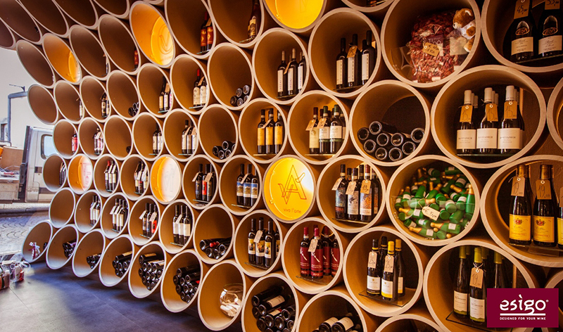 Wine shop furniture with Esigo metal wine racks